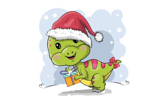 Cute Cartoon Dinosaur with Christmas Hat Illustration