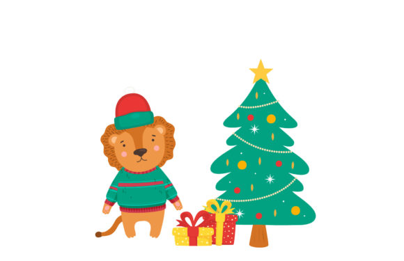Lions Animals Christmas Celebration Art Illustrations