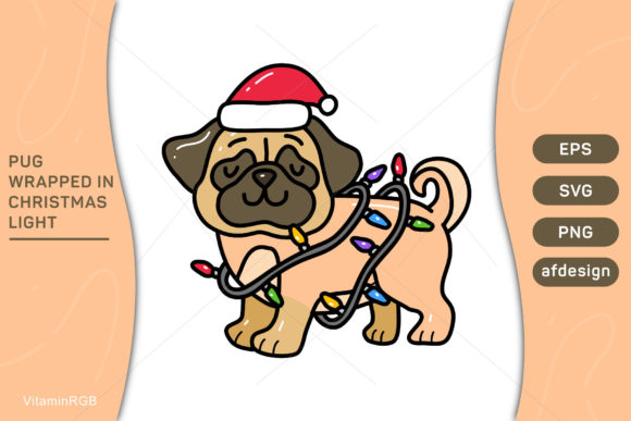 Pug Wrapped in Christmas Light Illustration