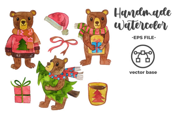 Watercolor Christmas Bear Elements for Festive Branding